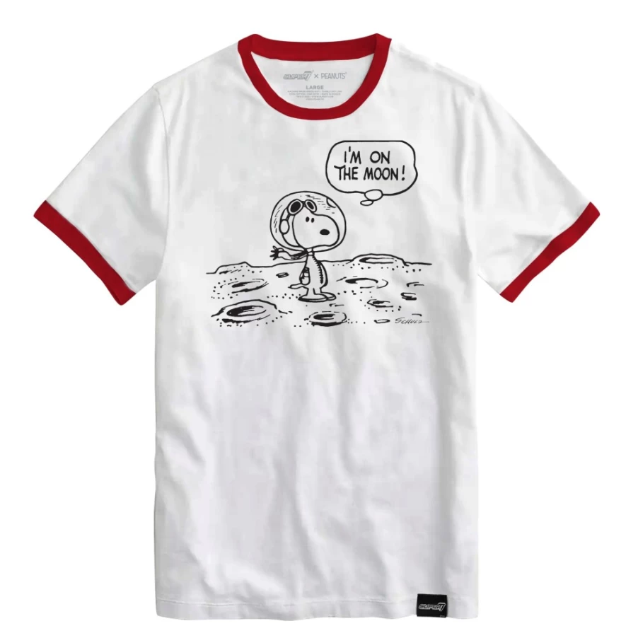 Super7 Snoopy On The Moon Vintage Ringer T-Shirt - Peanuts Cartoon Graphic Tee