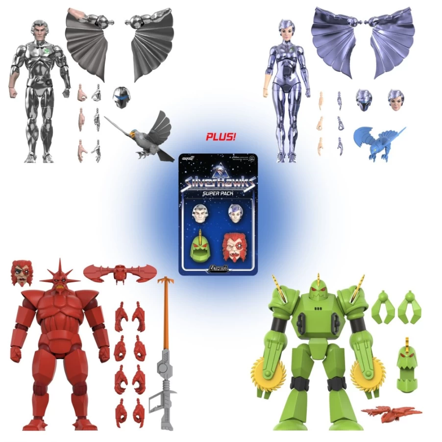 Super7 Silverhawks Ultimates Wave 4 Action Figures - Steelheart, Quicksilver, Mon*Star & Buzz-Saw Collectible Set