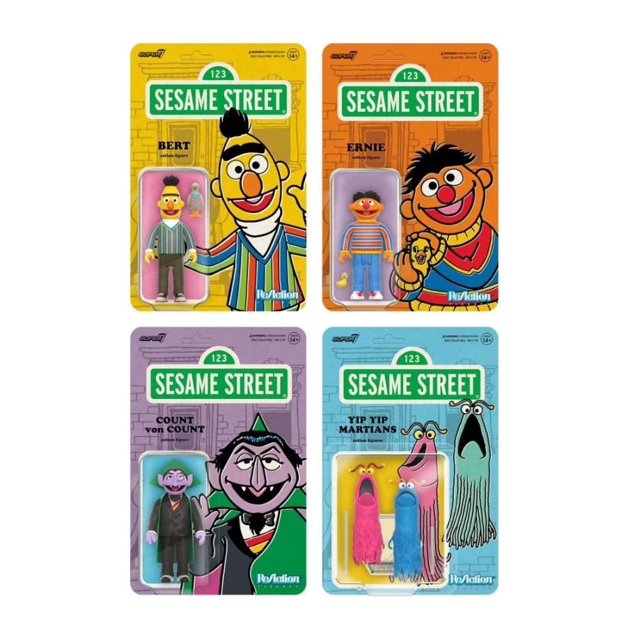 Super7 Sesame Street Reaction Figures Wave 1 - Bert, Ernie, Count Von Count & Yip Yip Martians Collectible Action Figures