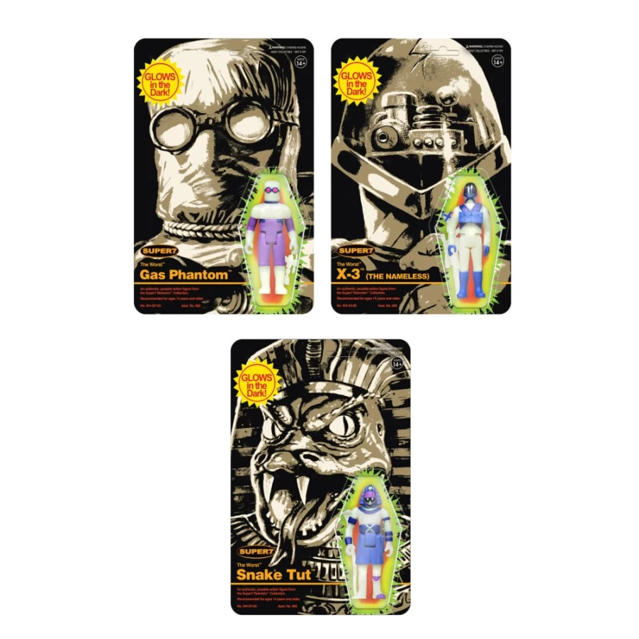 Super7 Monster Glow Reaction Figures - Snake Tut, X-3 & Gas Phantom (Glow in The Dark Collectibles)