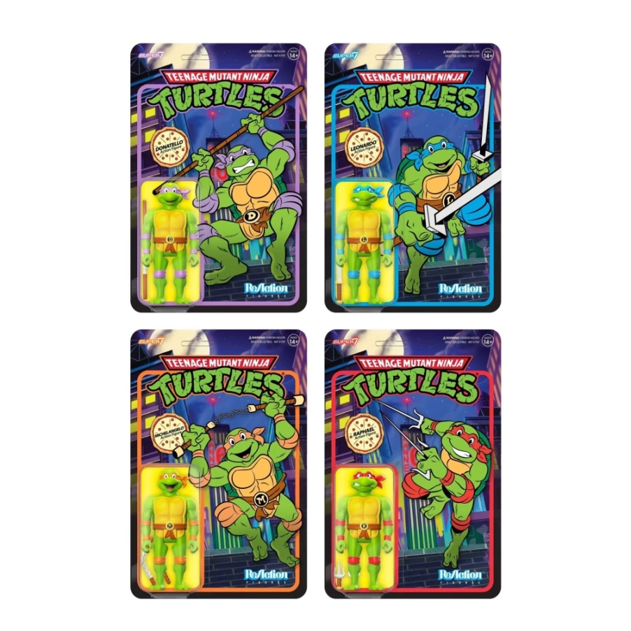 Super7 Teenage Mutant Ninja Turtles Reaction Wave 7 Action Figures Set - Donatello, Leonardo, Michelangelo, Raphael (Cartoon TMNT Collectibles)